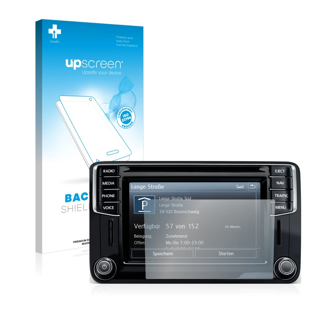 Face avant d’un emballage produit avec le logo de la marque upscreen. À côté, l’appareil Volkswagen Caddy 2015 Discover Media 