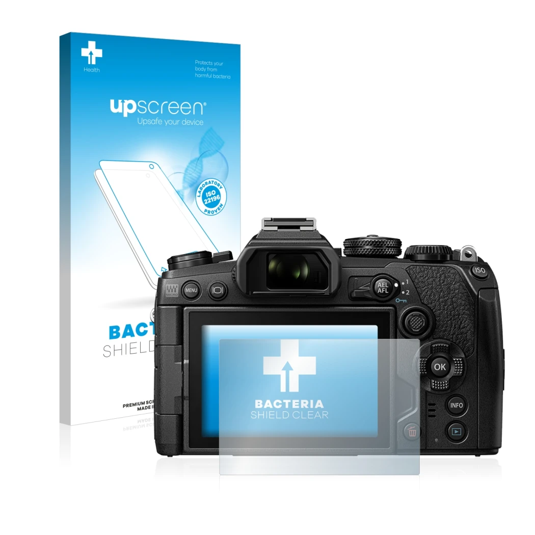 Face avant d’un emballage produit avec le logo de la marque upscreen. À côté, l’appareil Olympus OM-D E-M1 Mark III est représ