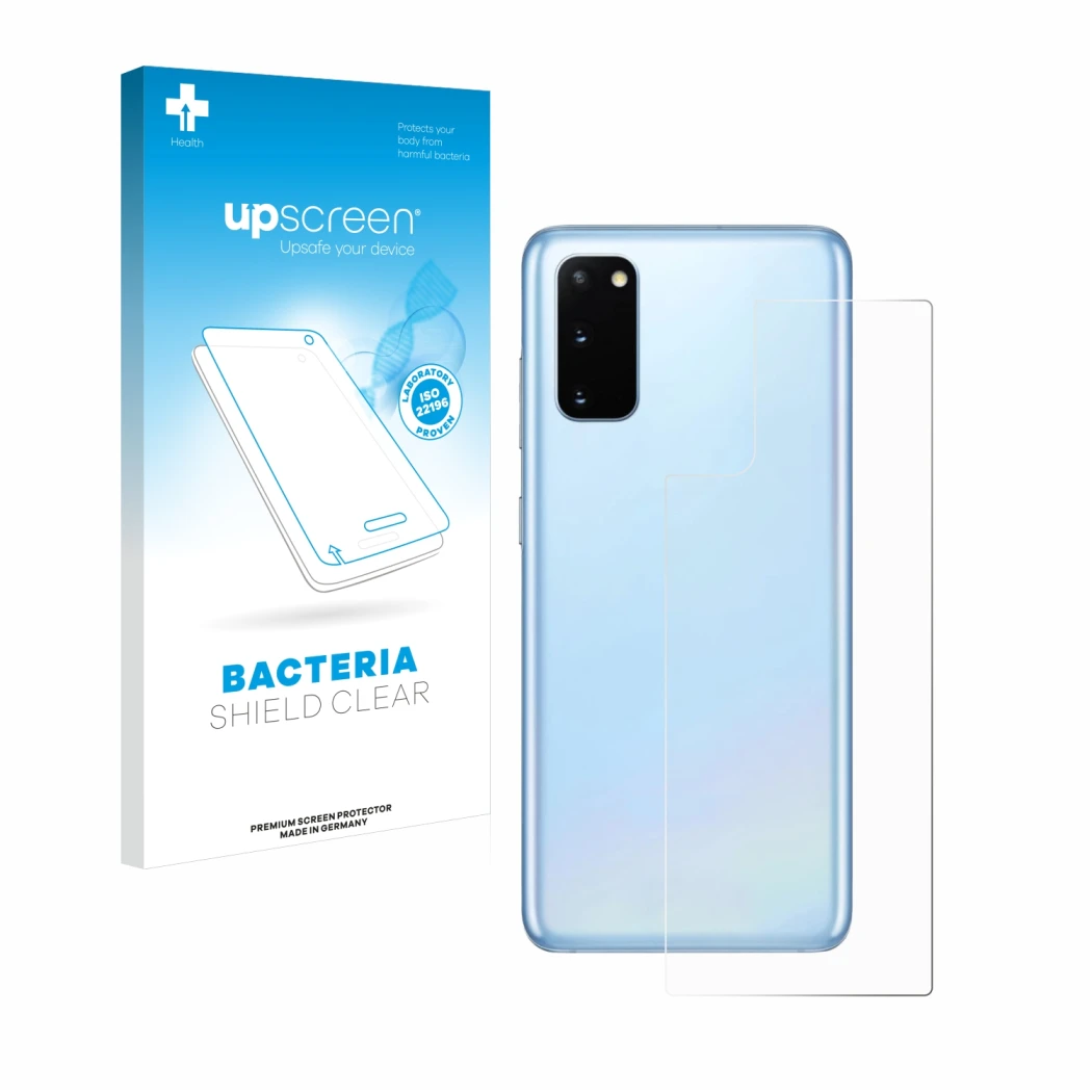 Face avant d’un emballage produit avec le logo de la marque upscreen. À côté, l’appareil Samsung Galaxy S20 5G (Arrière) est r