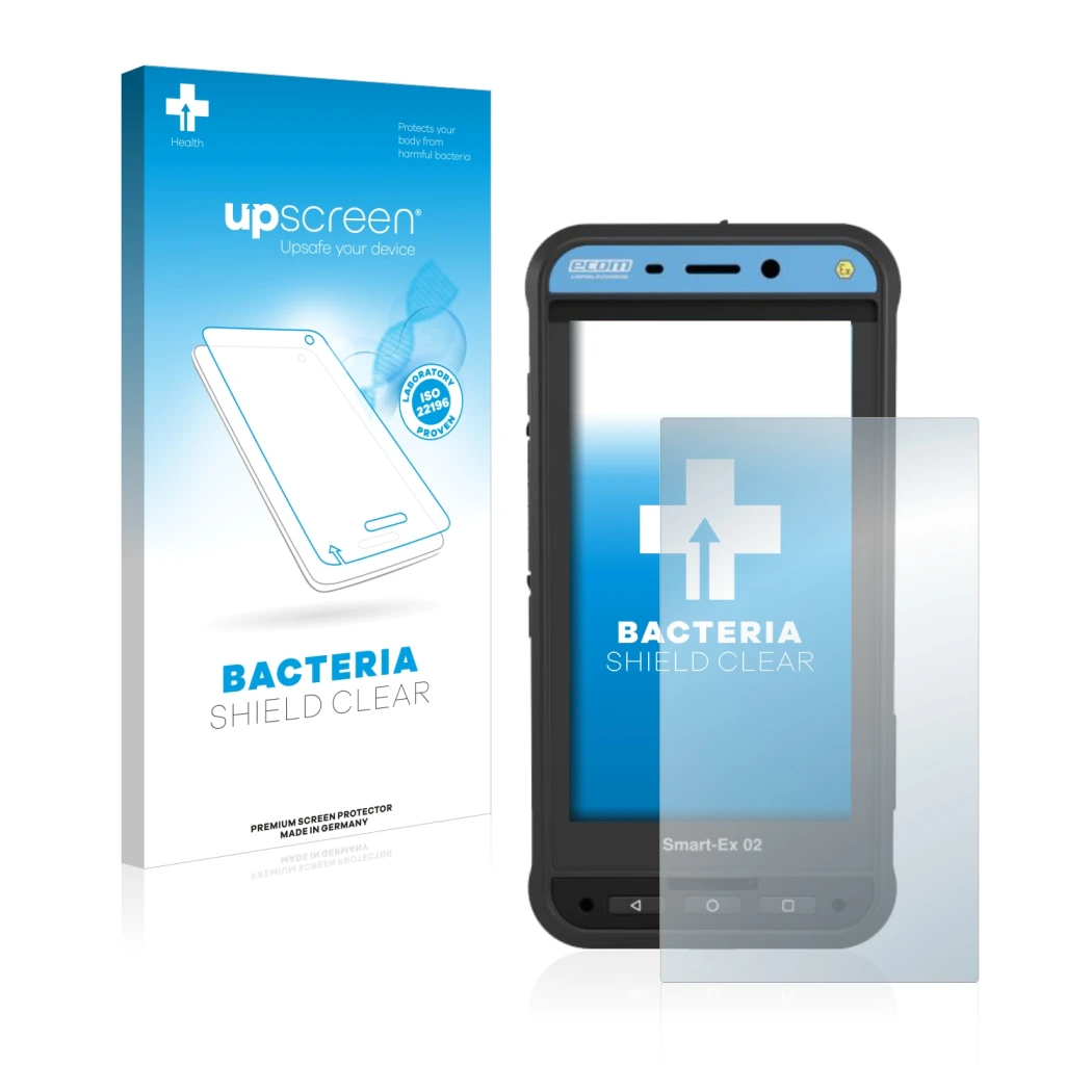 Face avant d’un emballage produit avec le logo de la marque upscreen. À côté, l’appareil Ecom Smart-Ex 02 DZ1 est représenté a