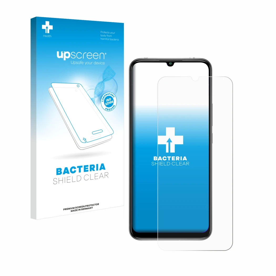 Face avant d’un emballage produit avec le logo de la marque upscreen. À côté, l’appareil Xiaomi Mi 10 Lite est représenté avec