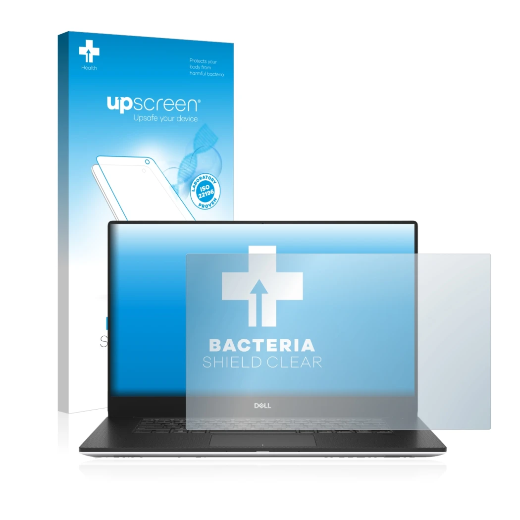 Face avant d’un emballage produit avec le logo de la marque upscreen. À côté, l’appareil Dell Precision 5540 est représenté av