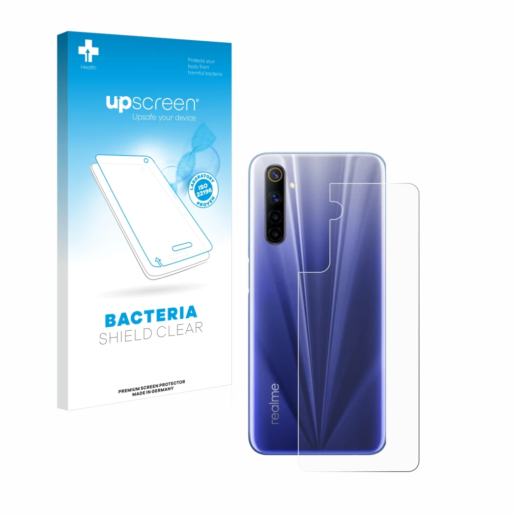 Face avant d’un emballage produit avec le logo de la marque upscreen. À côté, l’appareil realme 6 (Arrière) est représenté ave