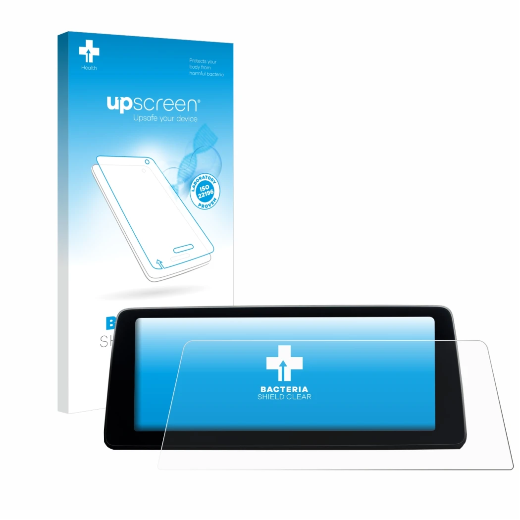 Face avant d’un emballage produit avec le logo de la marque upscreen. À côté, l’appareil BMW 7 G11 2016-2018 Infotainment Syst