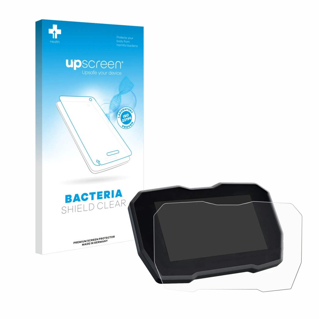 Face avant d’un emballage produit avec le logo de la marque upscreen. À côté, l’appareil Ducati Streetfighter V4 2020 Affichag