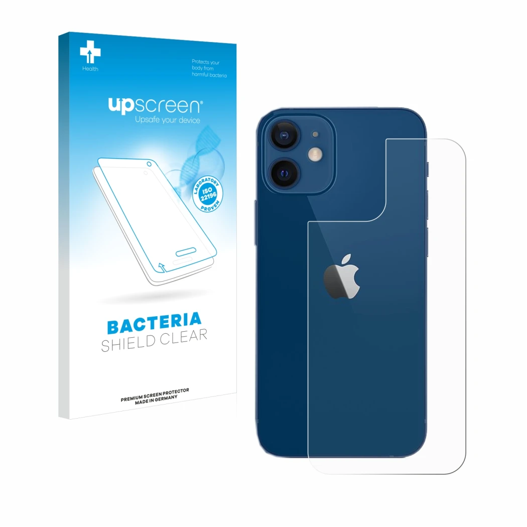 Face avant d’un emballage produit avec le logo de la marque upscreen. À côté, l’appareil Apple iPhone 12 (Arrière) est représe