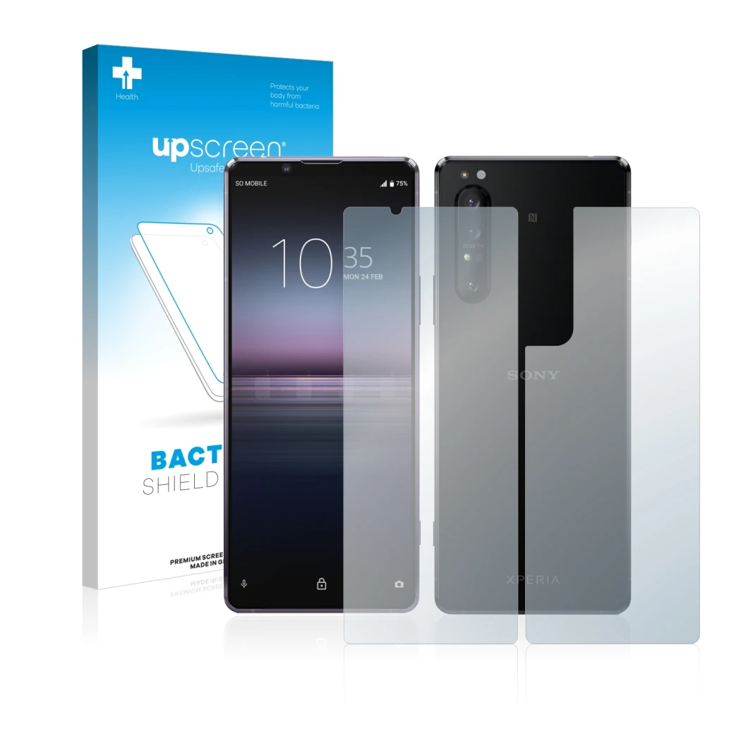 Face avant d’un emballage produit avec le logo de la marque upscreen. À côté, l’appareil Sony Xperia 1 II (Avant+Arrière) est 