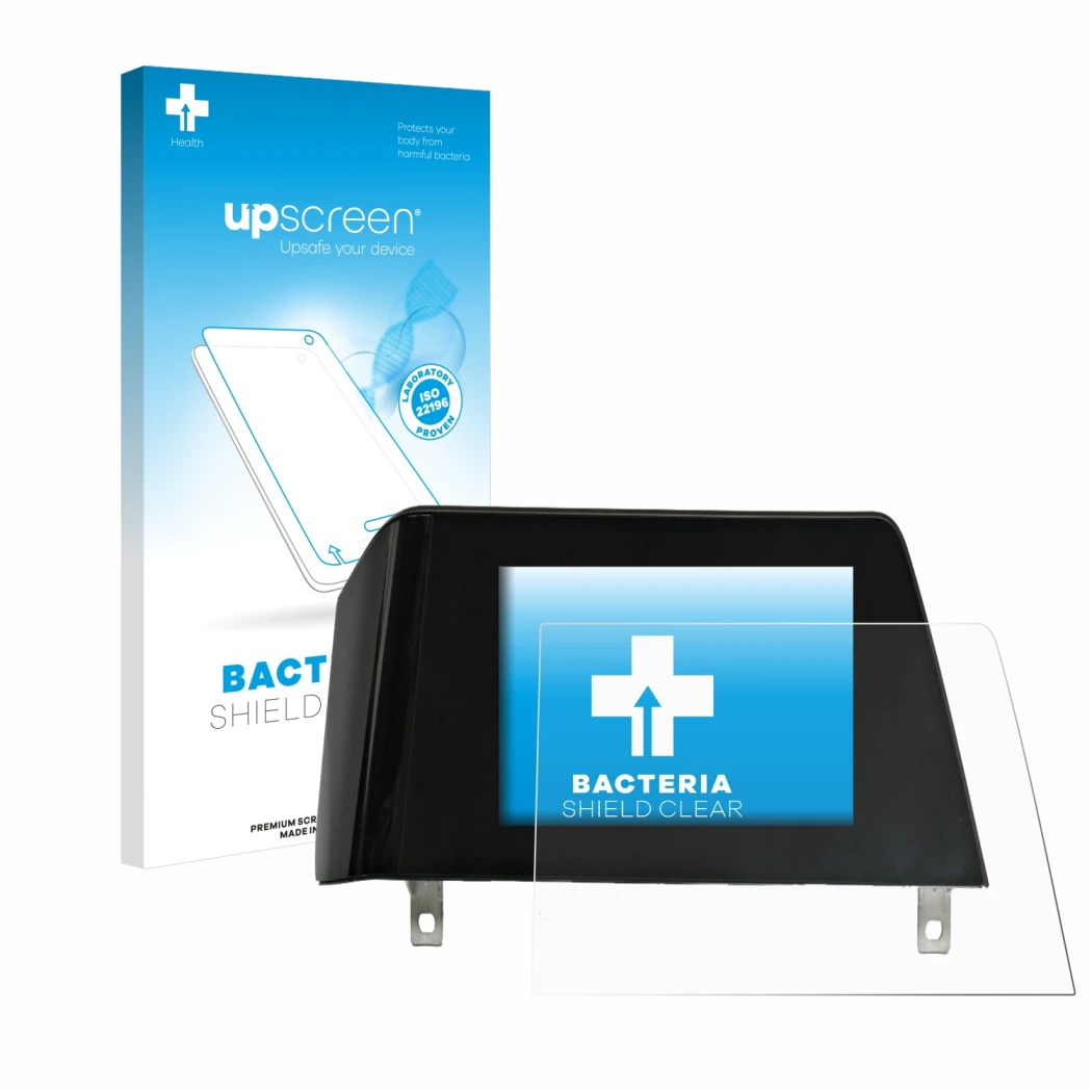 Face avant d’un emballage produit avec le logo de la marque upscreen. À côté, l’appareil BMW 3 G21 2020 Infotainment System (t