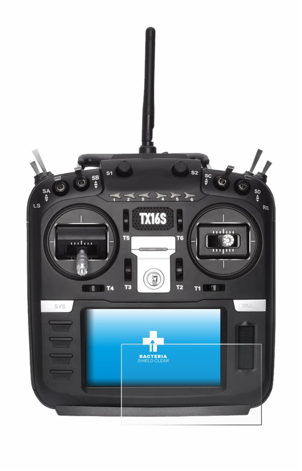 Image de l'appareil Radiomaster TX16S avec une grande variété de protections d'écran.