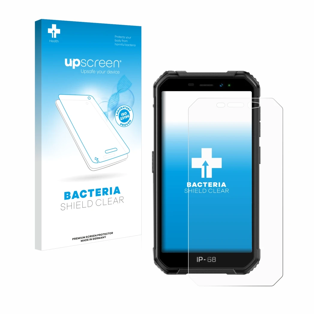 Face avant d’un emballage produit avec le logo de la marque upscreen. À côté, l’appareil Ulefone Armor X6 est représenté avec