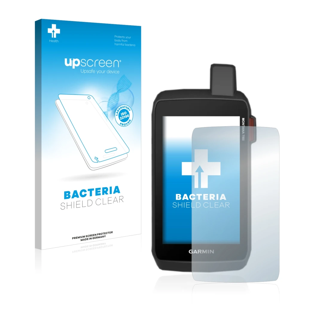 Face avant d’un emballage produit avec le logo de la marque upscreen. À côté, l’appareil Garmin Montana 750i est représenté av