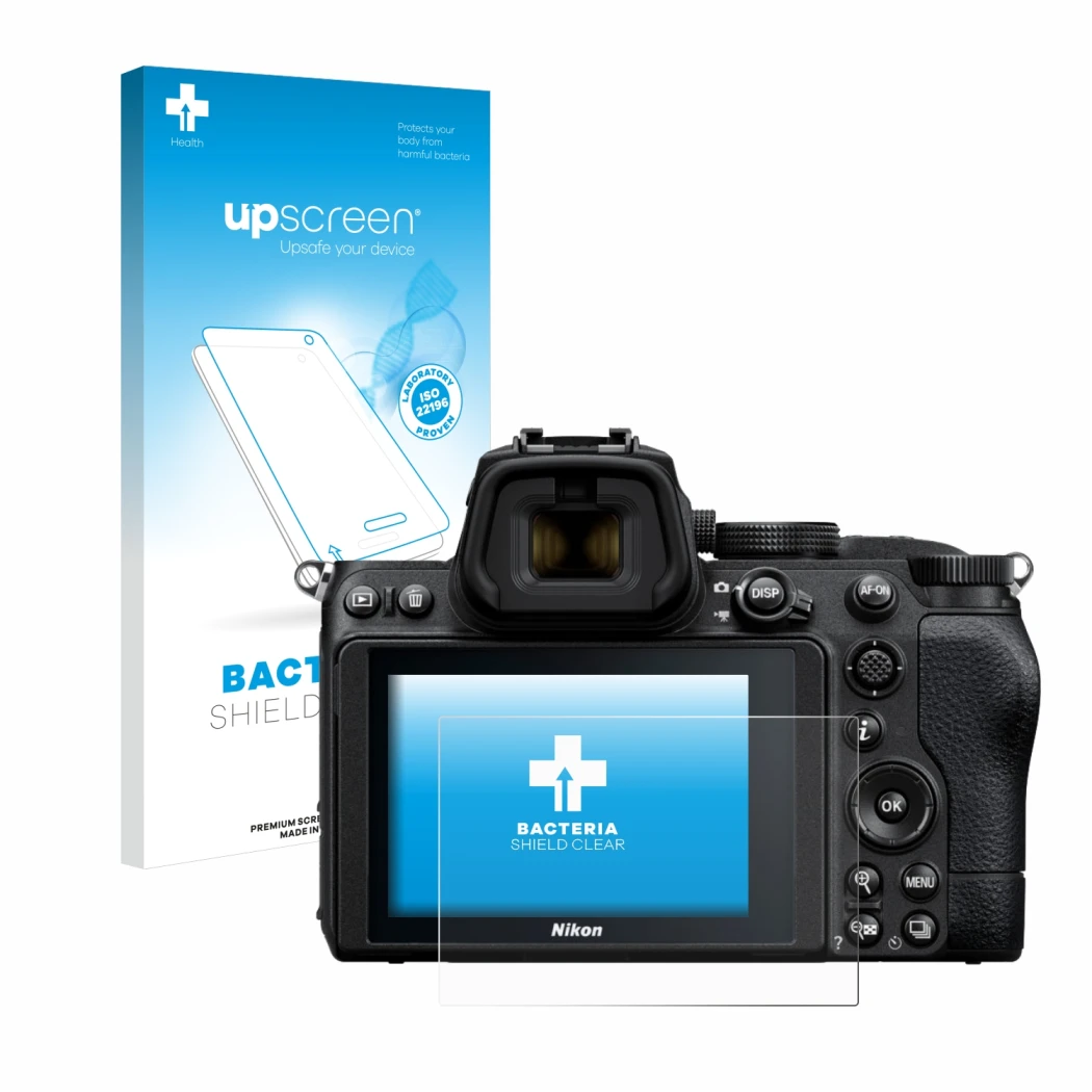 Face avant d’un emballage produit avec le logo de la marque upscreen. À côté, l’appareil Nikon Z 5 est représenté avec la prot