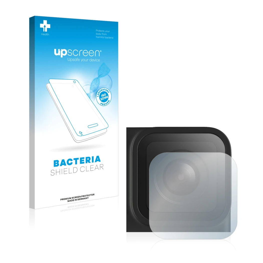 Face avant d’un emballage produit avec le logo de la marque upscreen. À côté, l’appareil GoPro Hero 9 Black (Lentille) est rep