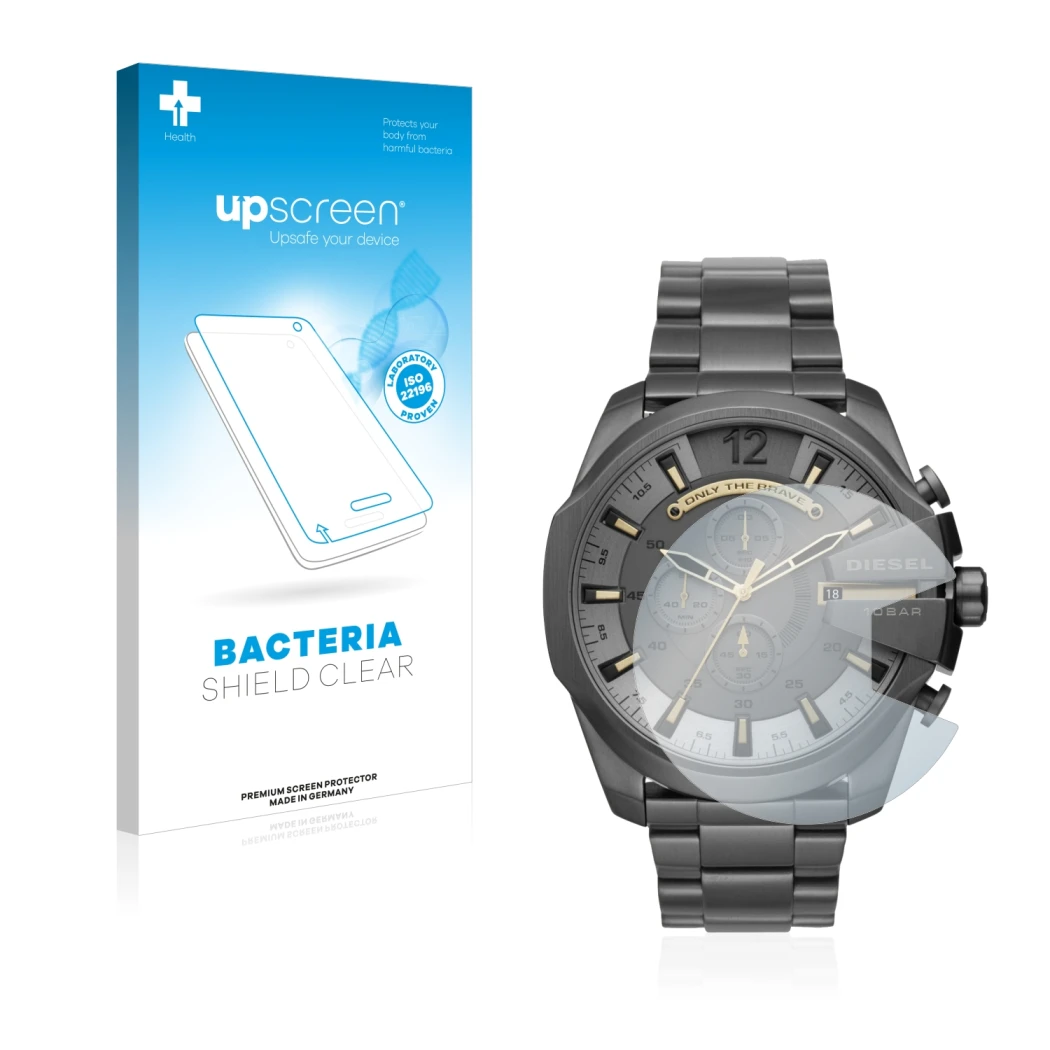 Face avant d’un emballage produit avec le logo de la marque upscreen. À côté, l’appareil Diesel Chronograph DZ4466 est représe