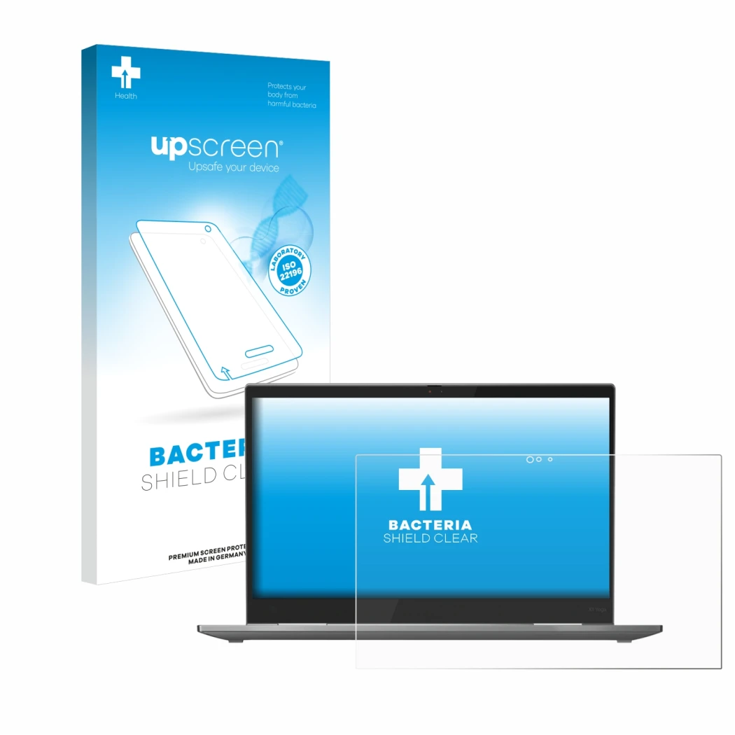 Face avant d’un emballage produit avec le logo de la marque upscreen. À côté, l’appareil Lenovo ThinkPad X1 Yoga (5ème Gen.) e