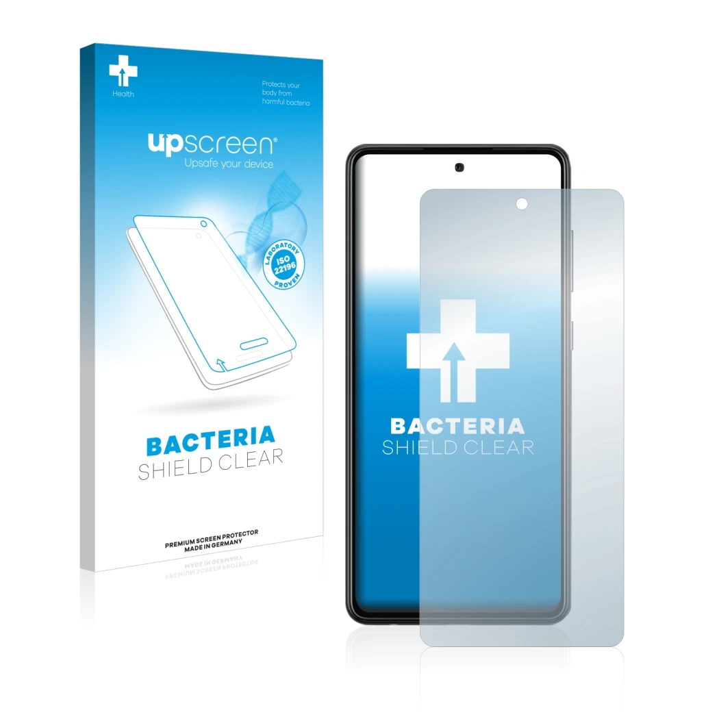 Face avant d’un emballage produit avec le logo de la marque upscreen. À côté, l’appareil Samsung Galaxy A72 5G est représenté 