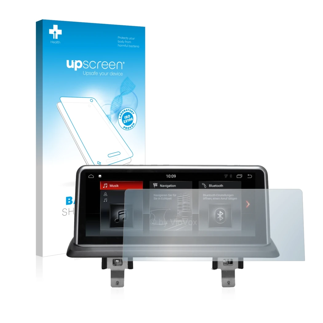 Face avant d’un emballage produit avec le logo de la marque upscreen. À côté, l’appareil BMW 1 E88 2004-2013 VioVox 8251 10.25