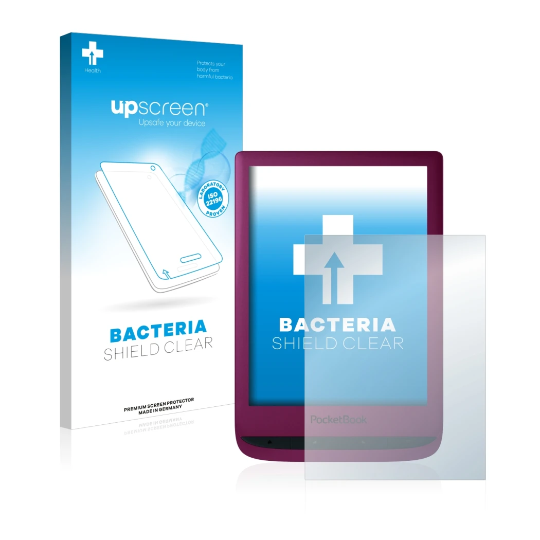 Face avant d’un emballage produit avec le logo de la marque upscreen. À côté, l’appareil PocketBook Touch Lux 5 est représenté