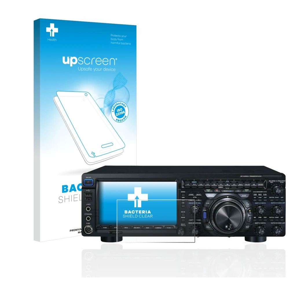 Face avant d’un emballage produit avec le logo de la marque upscreen. À côté, l’appareil Yaesu FT-DX101D est représenté avec l