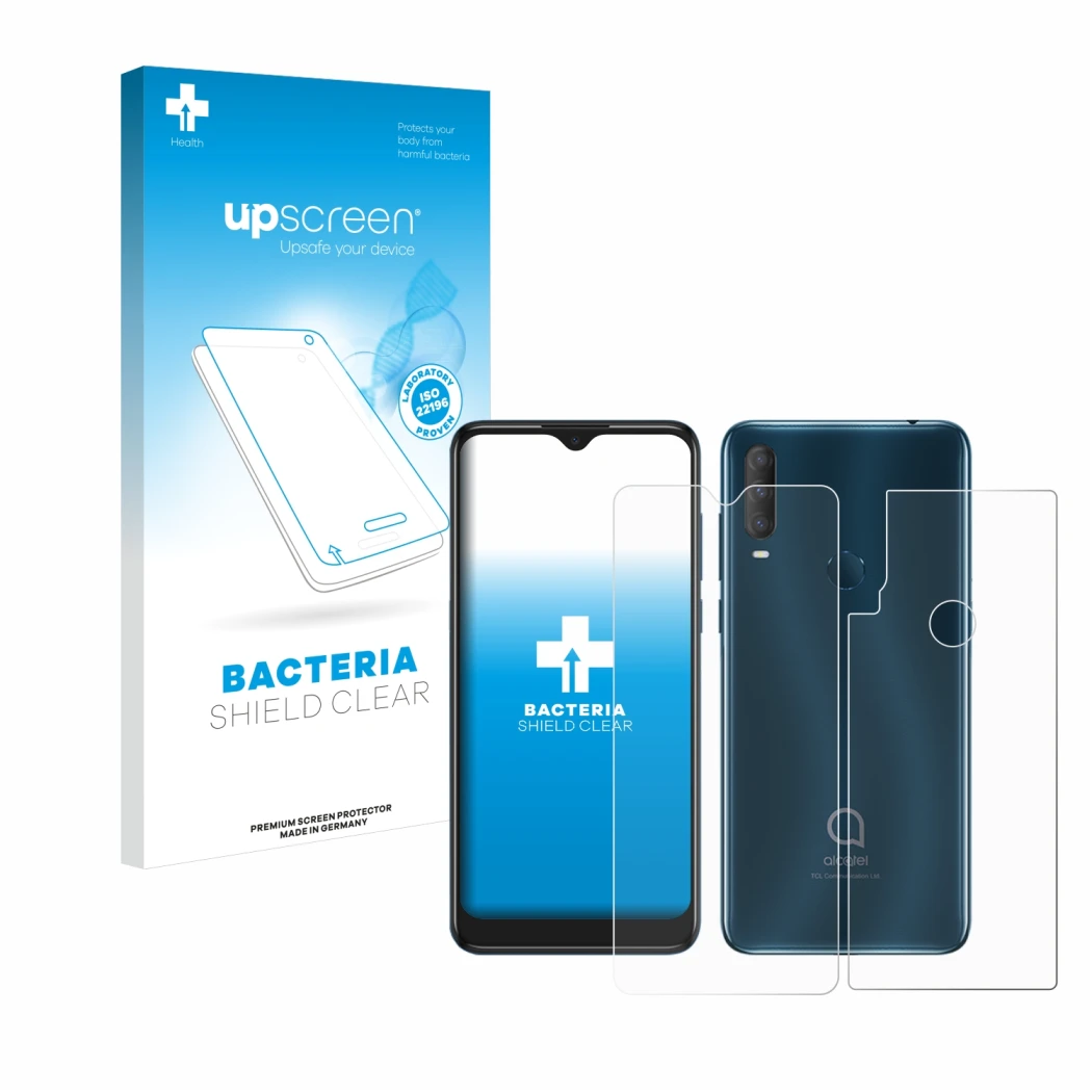 Face avant d’un emballage produit avec le logo de la marque upscreen. À côté, l’appareil Alcatel 1S 2020 (Avant+Arrière) est r