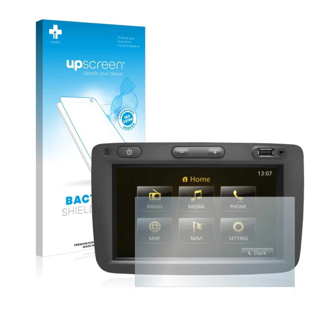 Face avant d’un emballage produit avec le logo de la marque upscreen. À côté, l’appareil Dacia Duster 2 2019 Infotainment Syst