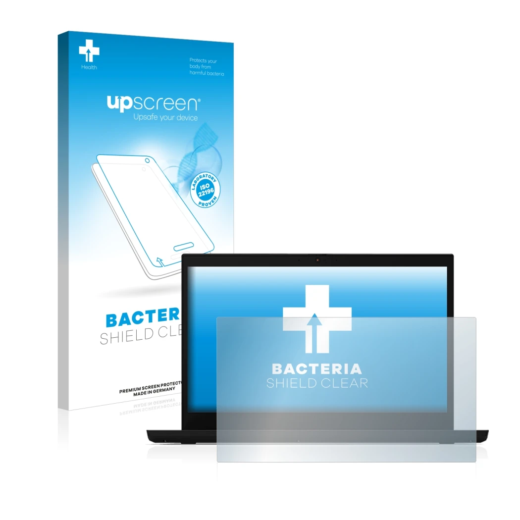 Face avant d’un emballage produit avec le logo de la marque upscreen. À côté, l’appareil Lenovo ThinkPad L15 est représenté av