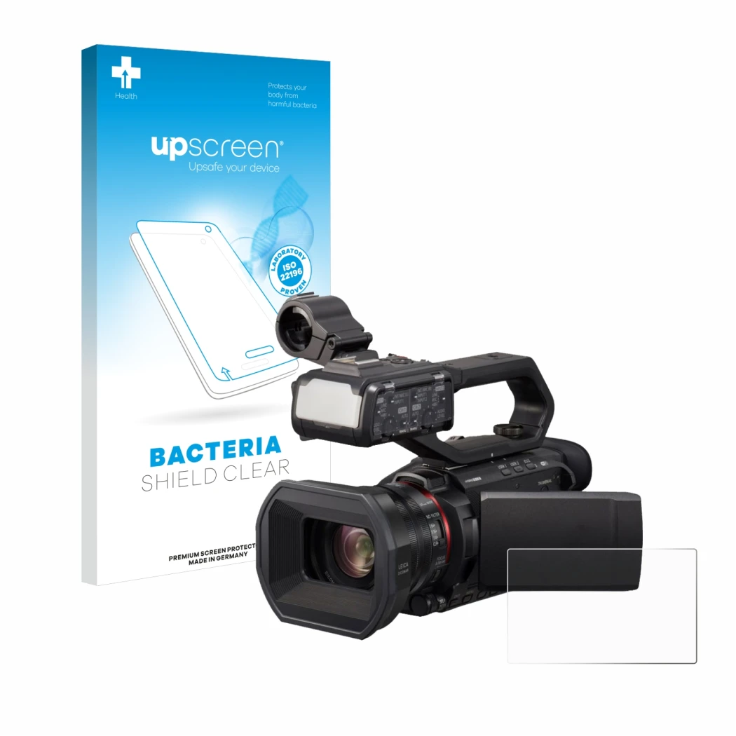 Face avant d’un emballage produit avec le logo de la marque upscreen. À côté, l’appareil Panasonic HC-X2000 est représenté ave