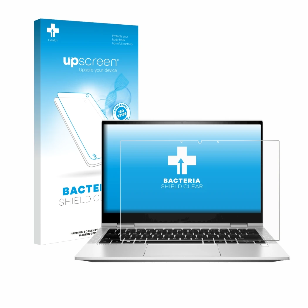Face avant d’un emballage produit avec le logo de la marque upscreen. À côté, l’appareil HP EliteBook x360 830 G8 est représen