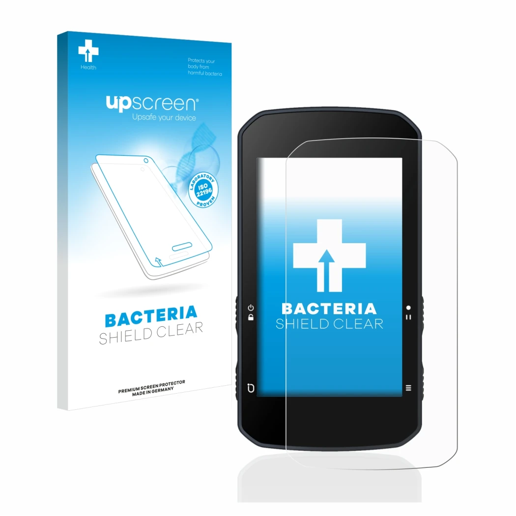 Face avant d’un emballage produit avec le logo de la marque upscreen. À côté, l’appareil Bryton Rider 750 est représenté avec 