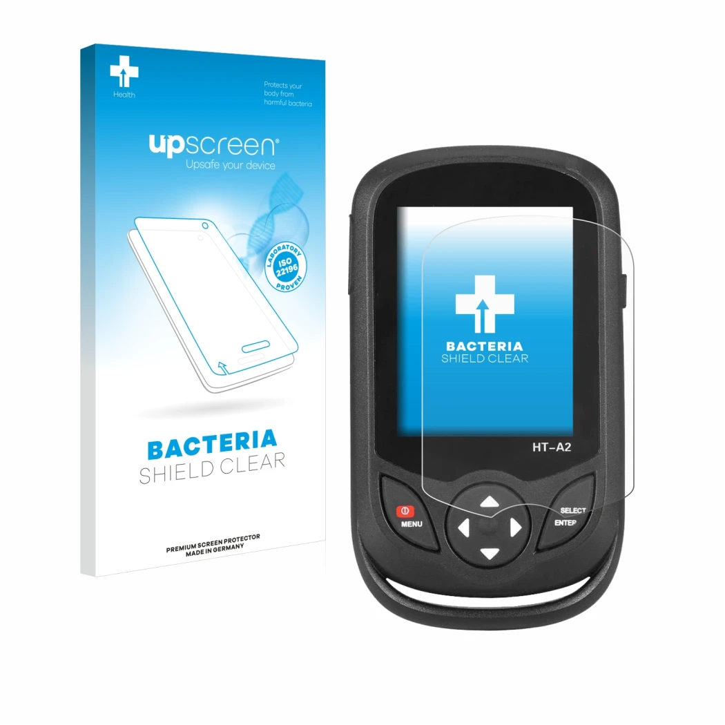 Face avant d’un emballage produit avec le logo de la marque upscreen. À côté, l’appareil Hti HT A2 est représenté avec la prot