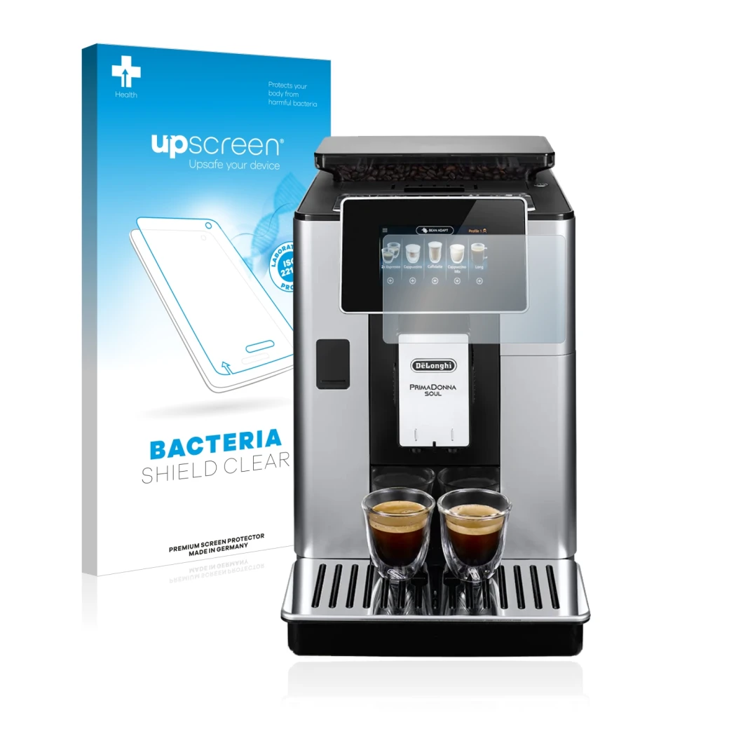 Face avant d’un emballage produit avec le logo de la marque upscreen. À côté, l’appareil DeLonghi PrimaDonna Soul ECAM610.55.S