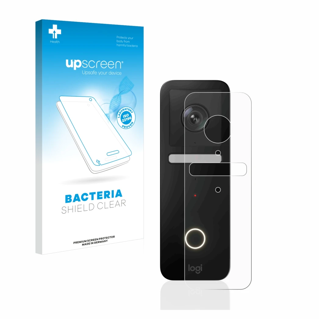 Face avant d’un emballage produit avec le logo de la marque upscreen. À côté, l’appareil Logitech Circle View Doorbell est rep