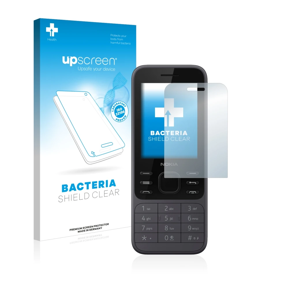 Face avant d’un emballage produit avec le logo de la marque upscreen. À côté, l’appareil Nokia 6300 2020 est représenté avec l