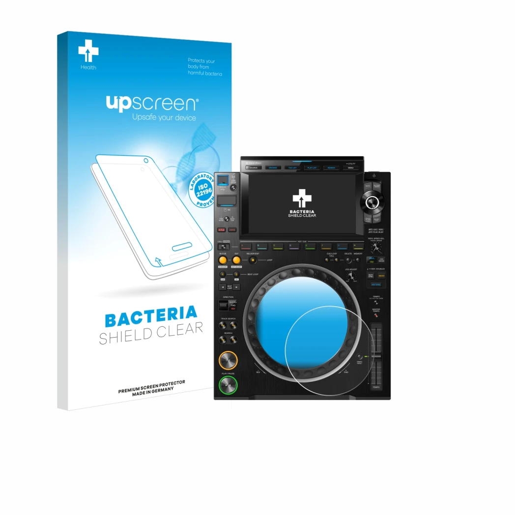 Face avant d’un emballage produit avec le logo de la marque upscreen. À côté, l’appareil Pioneer CDJ 3000 (Cercle) est représe