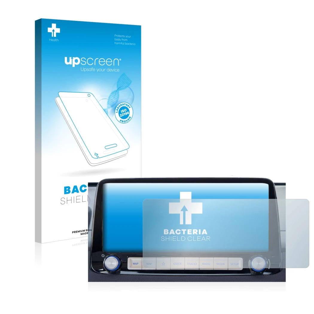 Face avant d’un emballage produit avec le logo de la marque upscreen. À côté, l’appareil Hyundai Kona 2020 Infotainment System