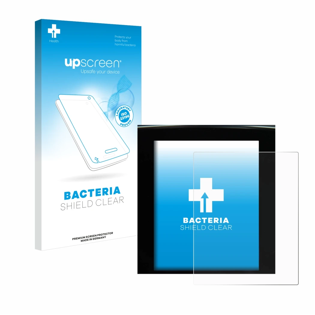 Face avant d’un emballage produit avec le logo de la marque upscreen. À côté, l’appareil Renault Megane 4 2020 Multimedia Easy