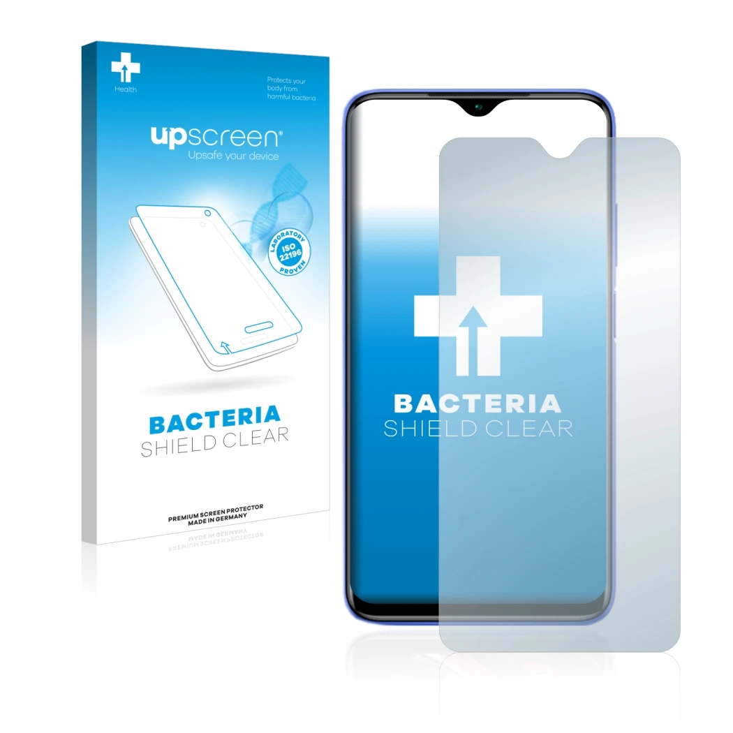 Face avant d’un emballage produit avec le logo de la marque upscreen. À côté, l’appareil Xiaomi Redmi 9T est représenté avec l