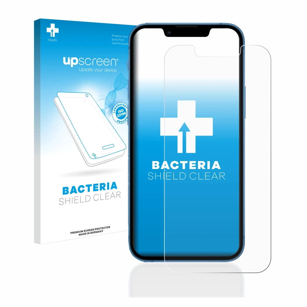 Face avant d’un emballage produit avec le logo de la marque upscreen. À côté, l’appareil Apple iPhone 13 mini est représenté a