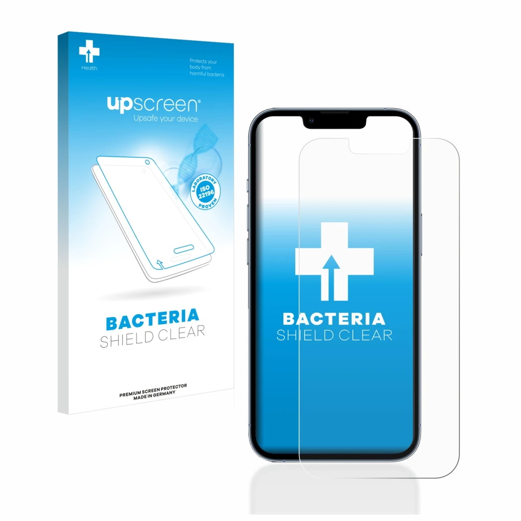 Face avant d’un emballage produit avec le logo de la marque upscreen. À côté, l’appareil Apple iPhone 13 Pro est représenté av