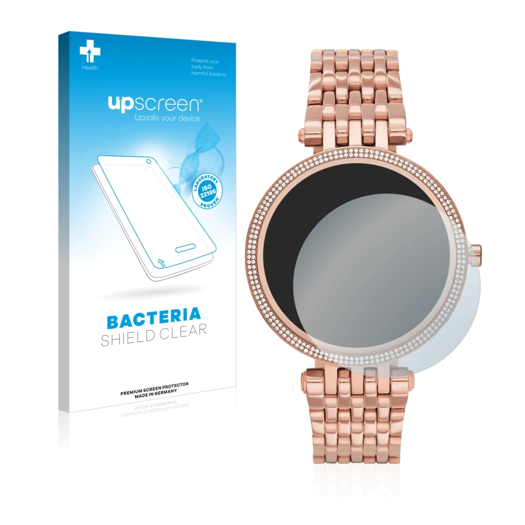 Face avant d’un emballage produit avec le logo de la marque upscreen. À côté, l’appareil Michael Kors Access Darci Gen 5E est 