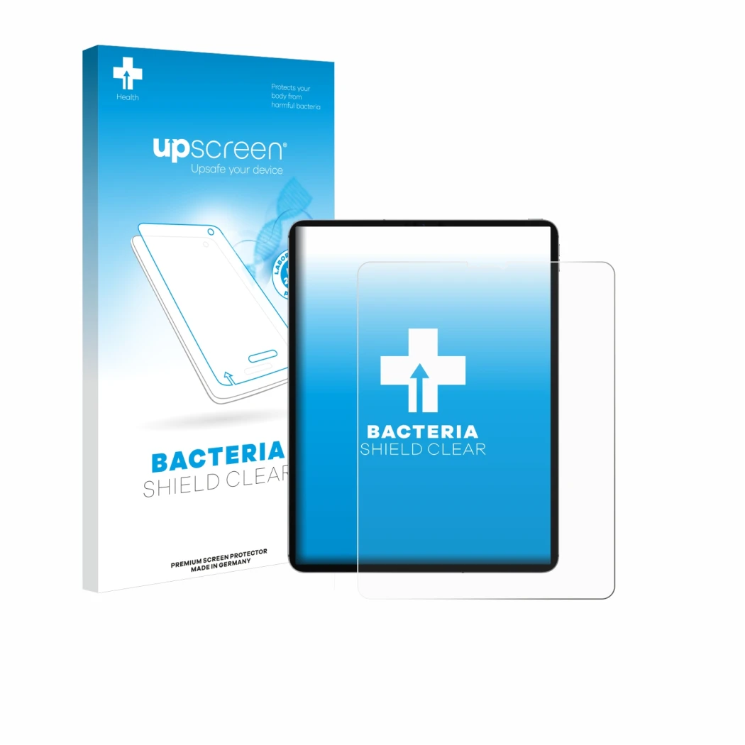 Face avant d’un emballage produit avec le logo de la marque upscreen. À côté, l’appareil Apple iPad Pro 12.9