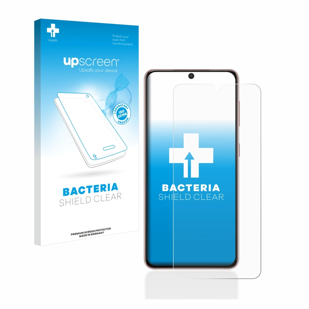 Face avant d’un emballage produit avec le logo de la marque upscreen. À côté, l’appareil Samsung Galaxy S21 est représenté ave