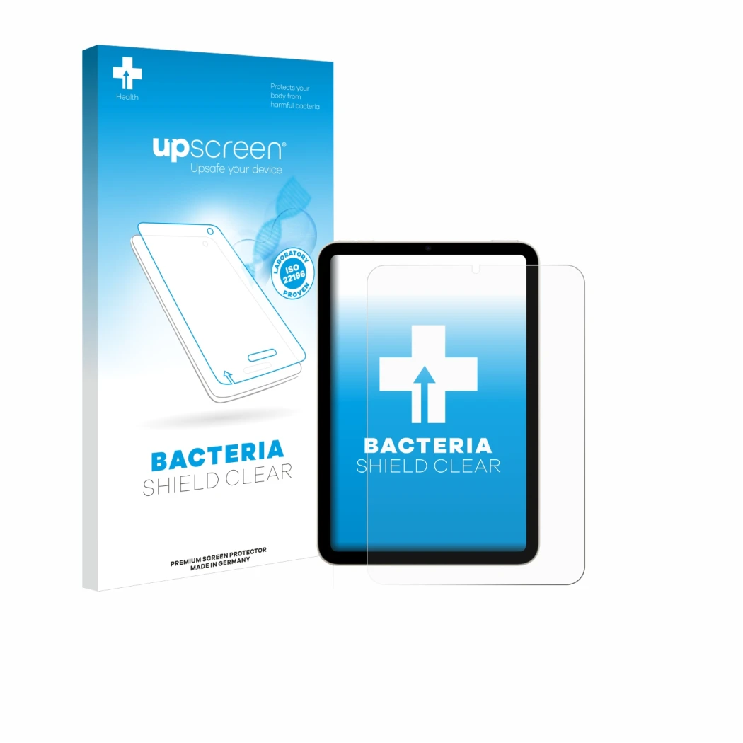 Face avant d’un emballage produit avec le logo de la marque upscreen. À côté, l’appareil Apple iPad Mini 6 WiFi 2021 est repré