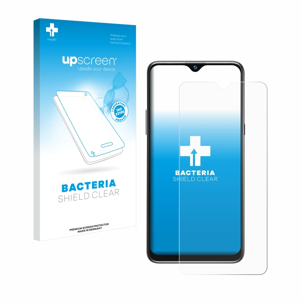 Face avant d’un emballage produit avec le logo de la marque upscreen. À côté, l’appareil Blackview A80s est représenté avec la