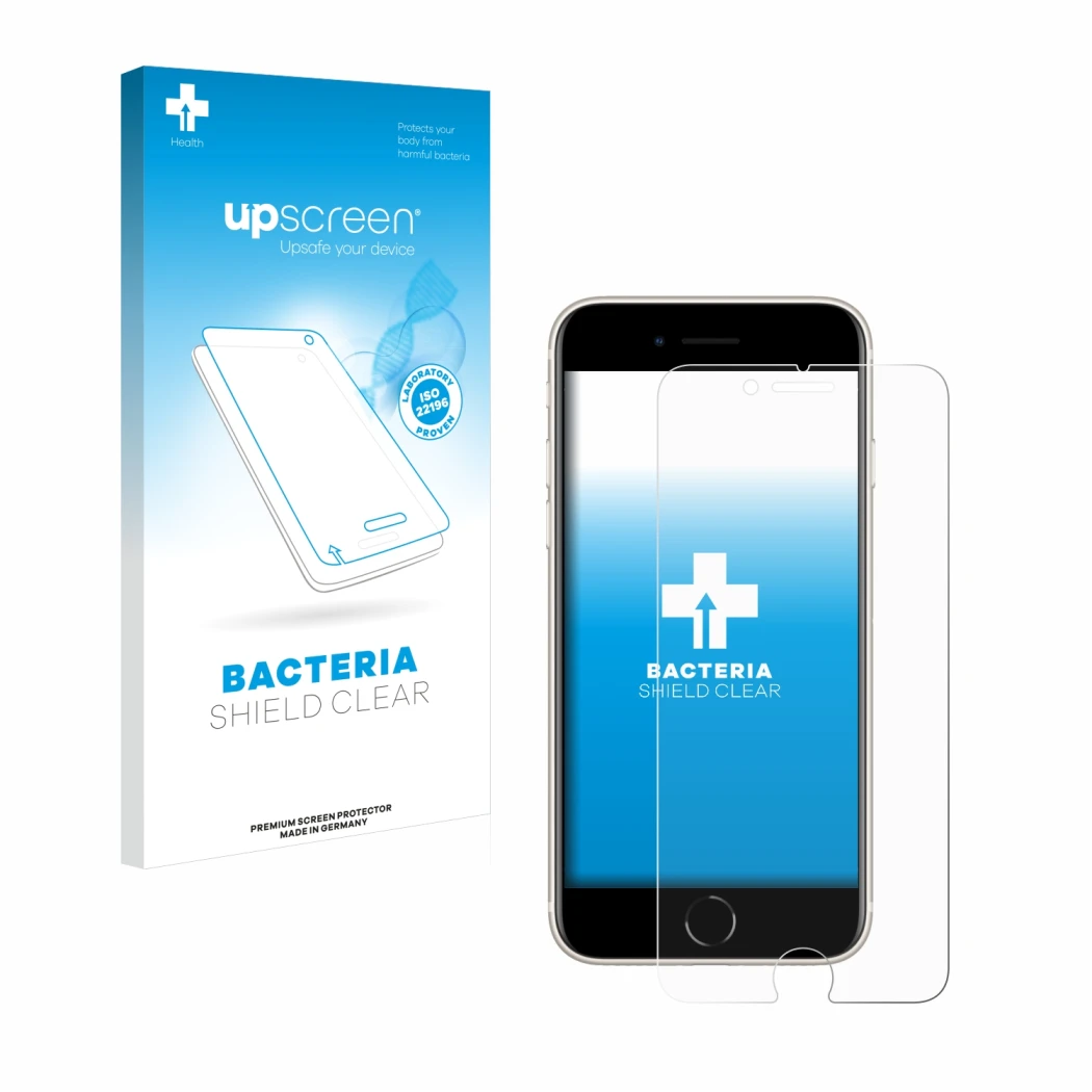 Face avant d’un emballage produit avec le logo de la marque upscreen. À côté, l’appareil Apple iPhone SE 3 2022 est représenté