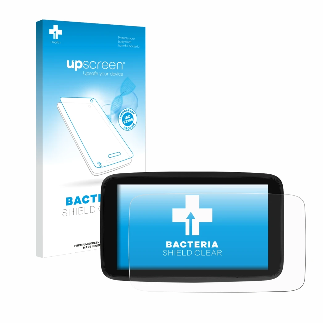 Face avant d’un emballage produit avec le logo de la marque upscreen. À côté, l’appareil TomTom GO Discover 7
