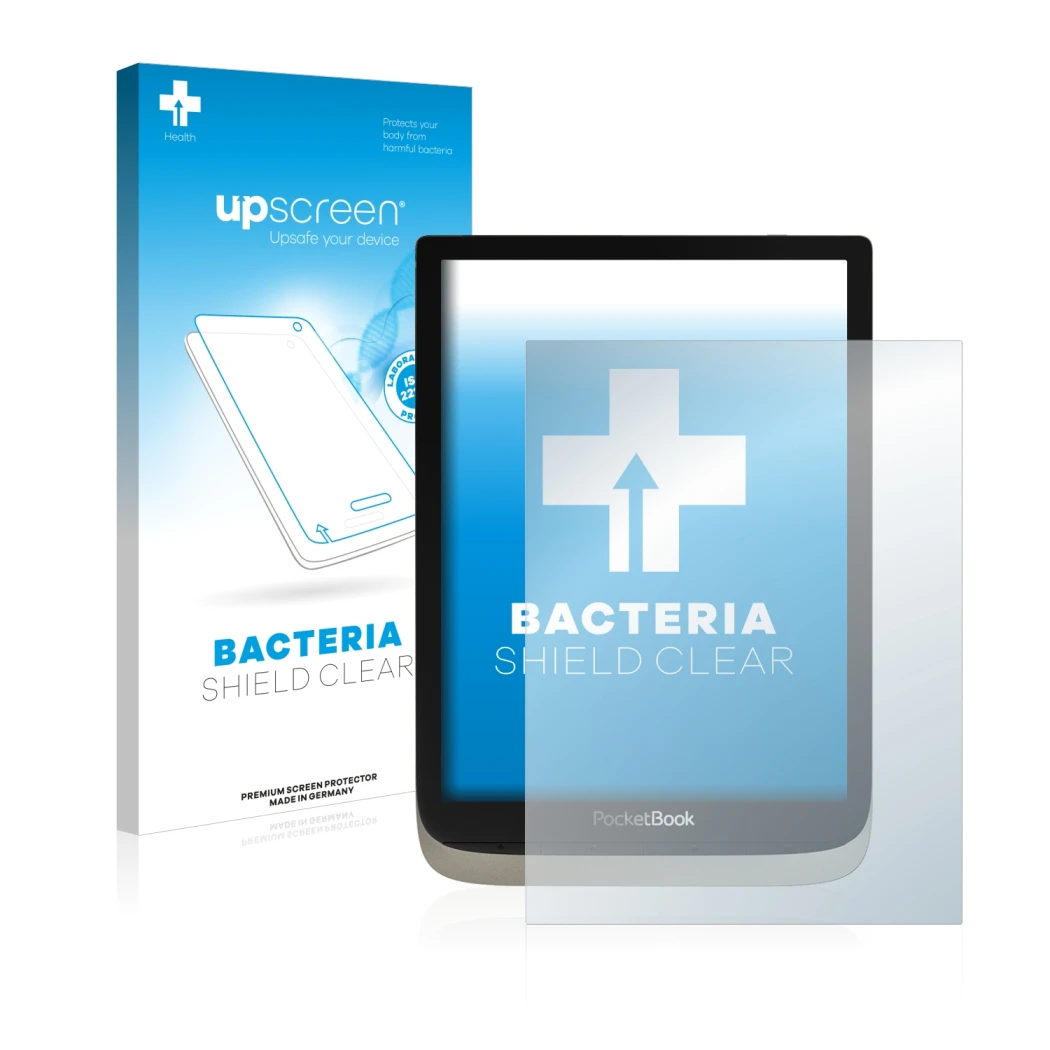 Face avant d’un emballage produit avec le logo de la marque upscreen. À côté, l’appareil PocketBook InkPad Color est représent