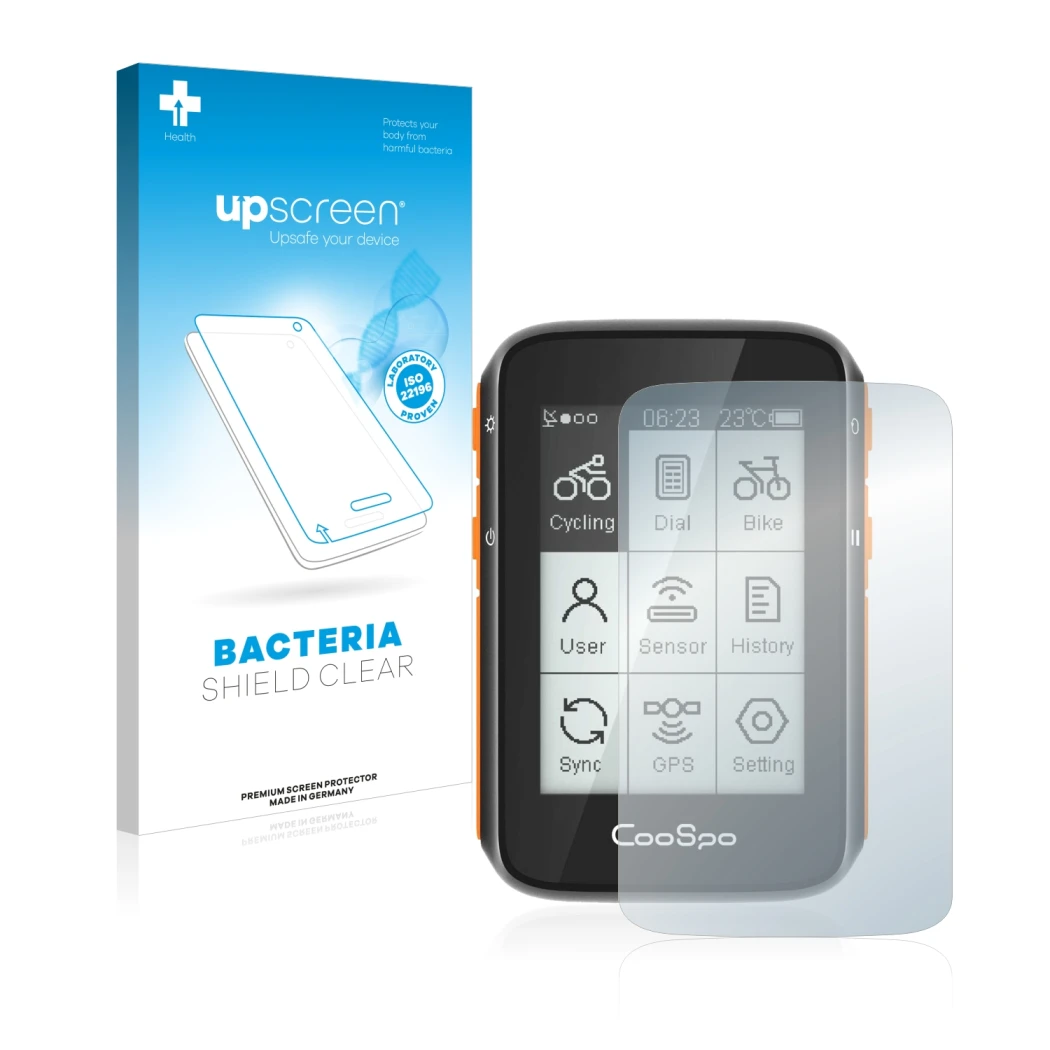 Face avant d’un emballage produit avec le logo de la marque upscreen. À côté, l’appareil CooSpo BC200 est représenté avec la p