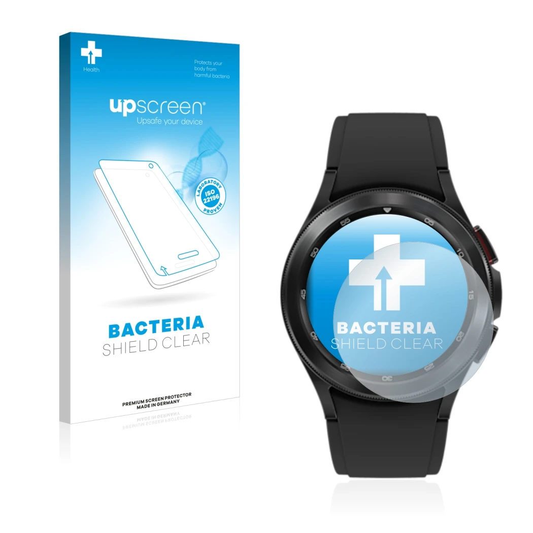 Face avant d’un emballage produit avec le logo de la marque upscreen. À côté, l’appareil Samsung Galaxy Watch 4 Classic (42mm)