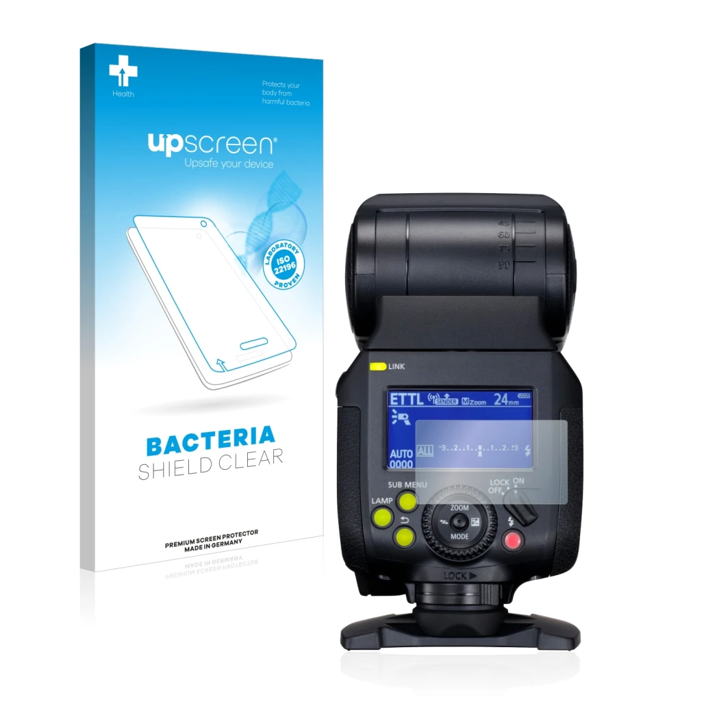 Face avant d’un emballage produit avec le logo de la marque upscreen. À côté, l’appareil Canon Speedlite EL-1 est représenté a